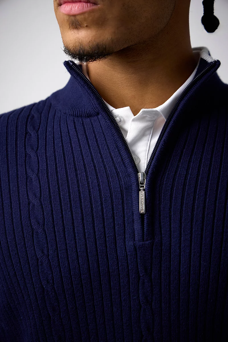 Mens Quarter Zip Cable Rib Midweight Merino Golf Sweater