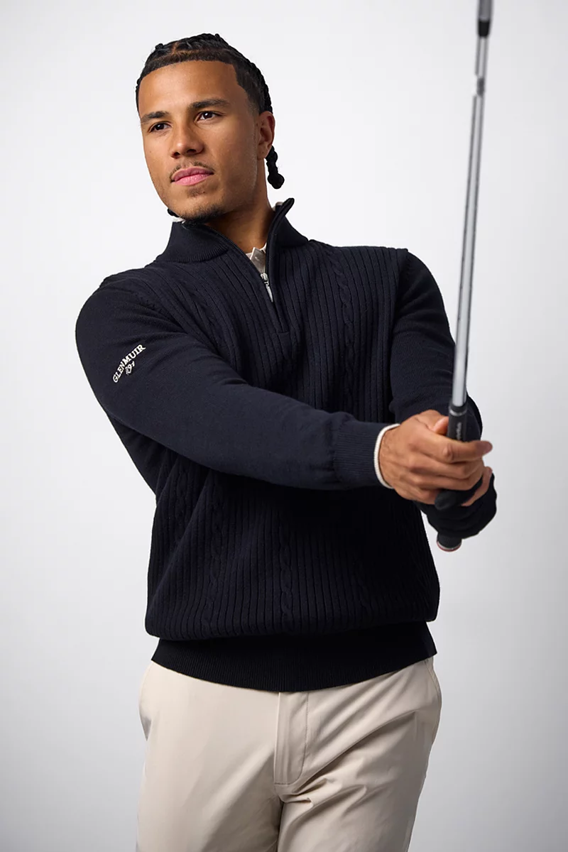 Mens Quarter Zip Cable Rib Midweight Merino Golf Sweater