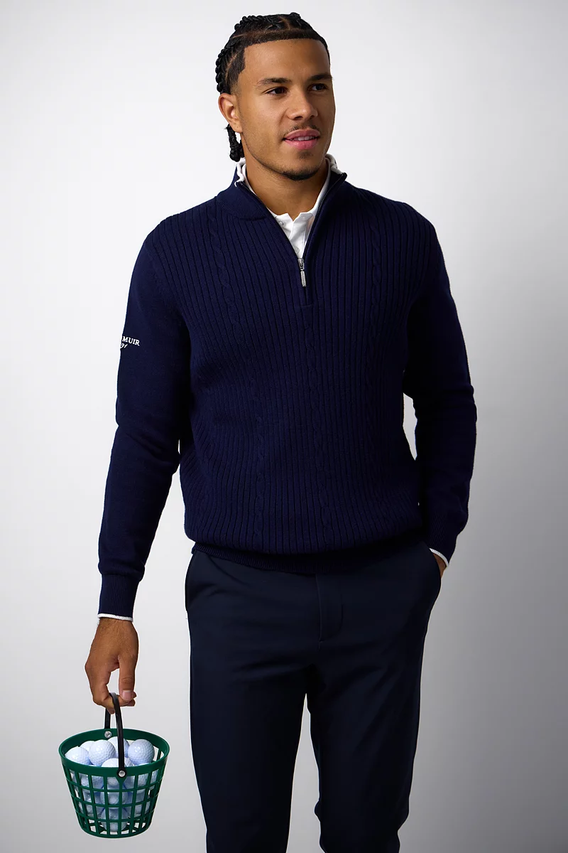 Mens Quarter Zip Cable Rib Midweight Merino Golf Sweater