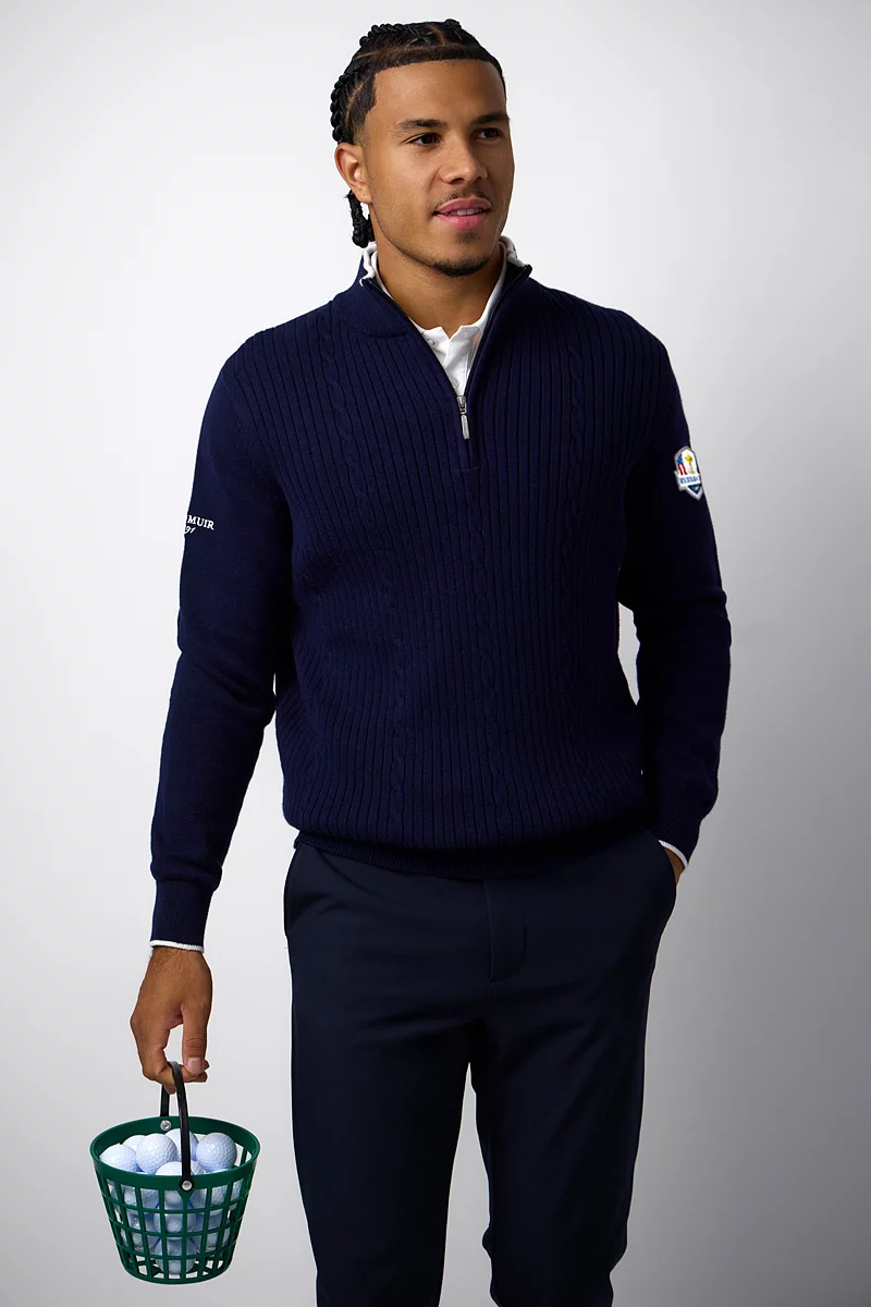 Official Ryder Cup 2027 Mens Quarter Zip Cable Rib Midweight Merino Golf Sweater