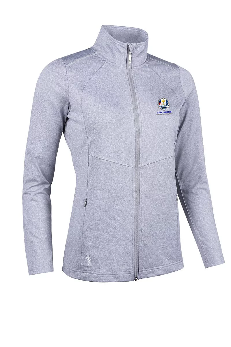 Official Ryder Cup 2027 Ladies Full Zip Coverstitch Panelled Performance Midlayer Midweight Jacket Light Grey Marl L