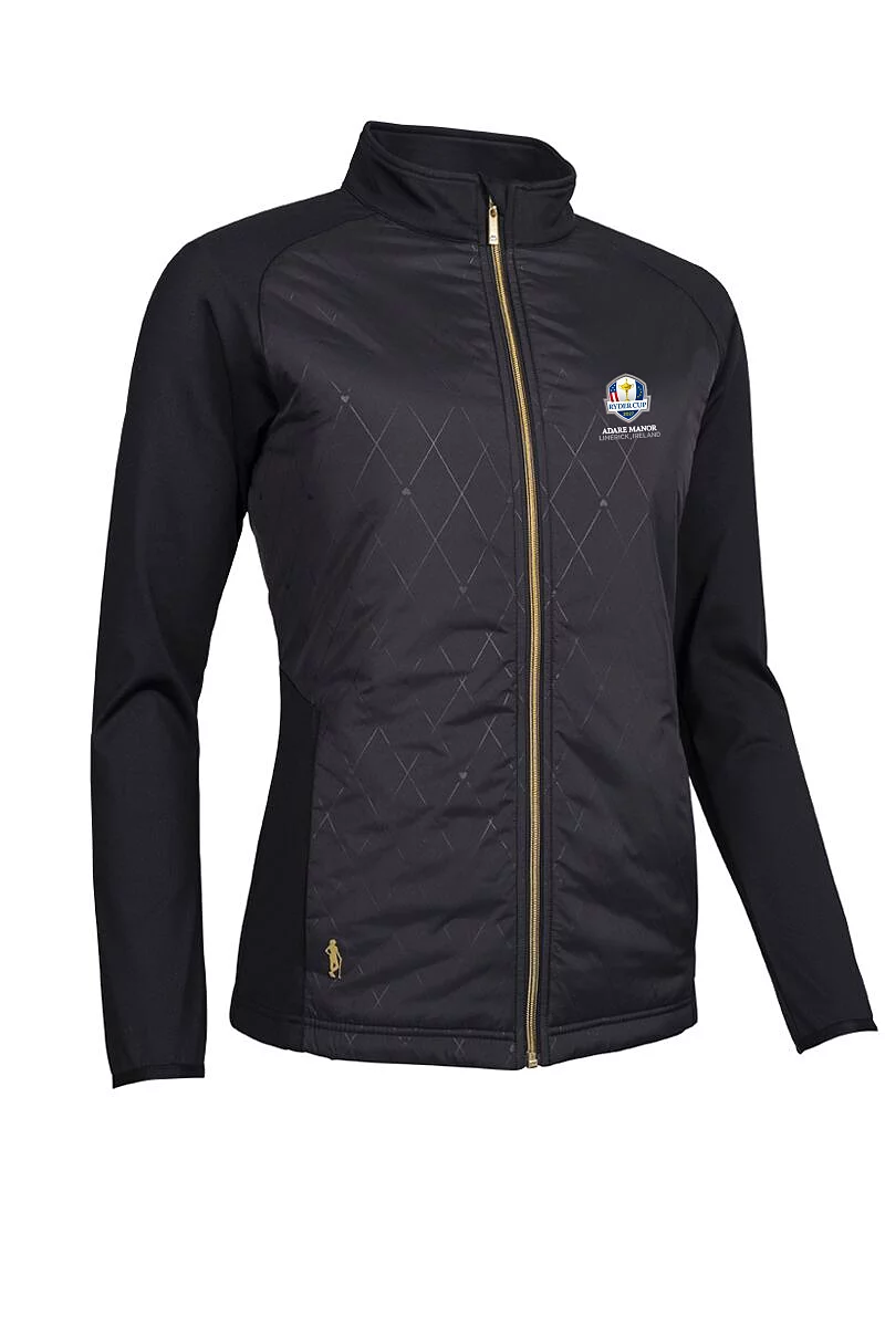 Official Ryder Cup 2027 Ladies Full Zip Faux Fur Lined Padded Golf Jacket Black Diamond Print/Gold M