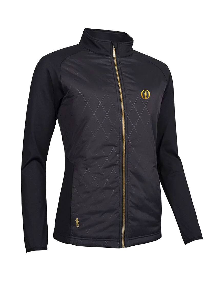 Official Ryder Cup 2027 Ladies Full Zip Faux Fur Lined Padded Golf Jacket Black Diamond Print/Gold L