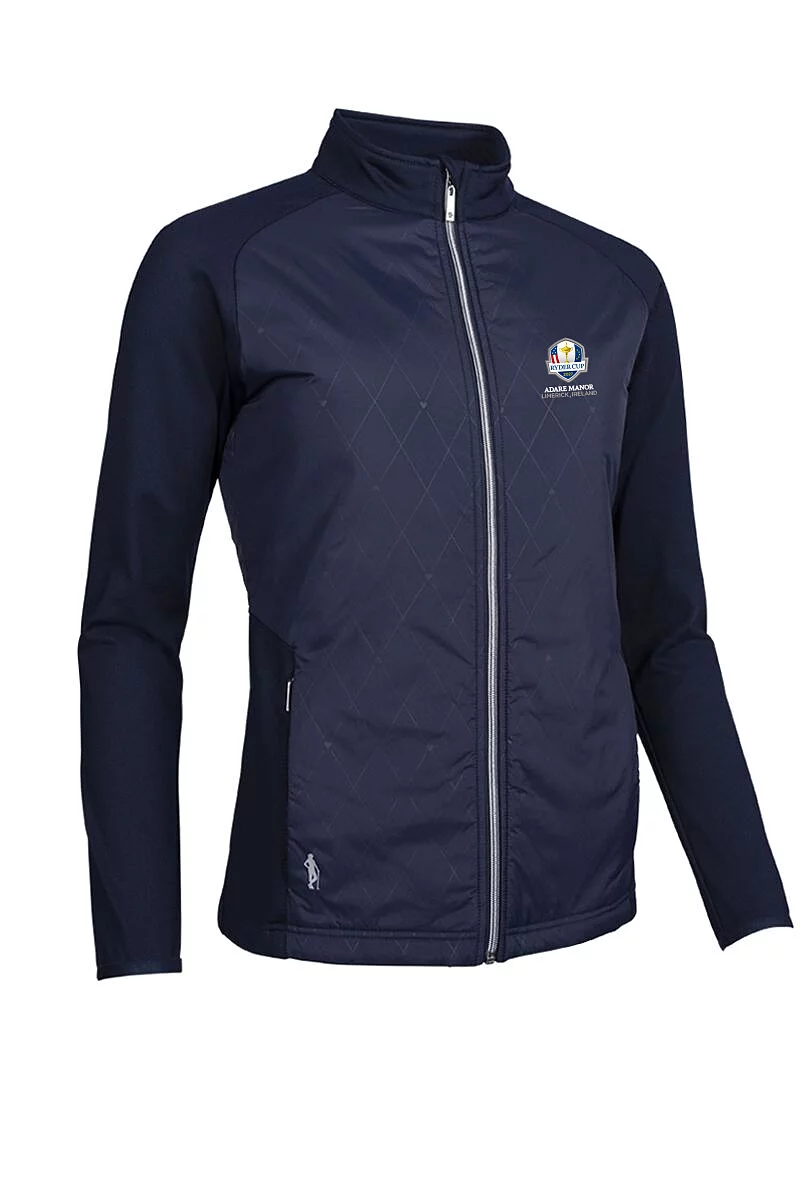 Official Ryder Cup 2027 Ladies Full Zip Faux Fur Lined Padded Golf Jacket Navy Diamond Print/Silver S