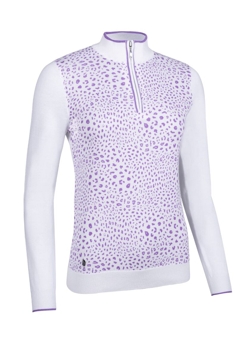 Ladies Quarter Zip Animal Print Cotton Golf Sweater Sale White/Amethyst M
