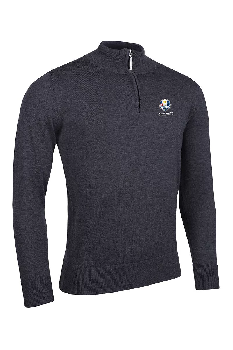 Official Ryder Cup 2027 Mens Quarter Zip Lightweight Merino Wool Sweater Charcoal Marl XL