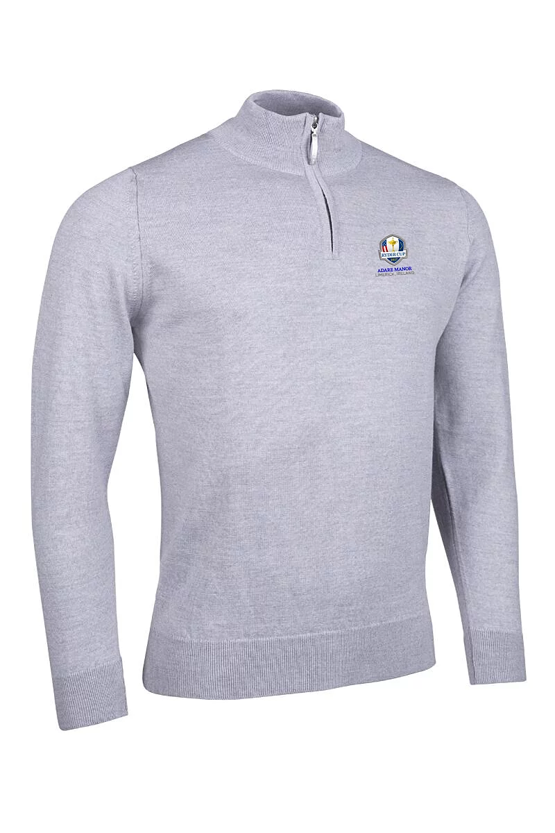 Official Ryder Cup 2027 Mens Quarter Zip Lightweight Merino Wool Sweater Light Grey Marl XXL