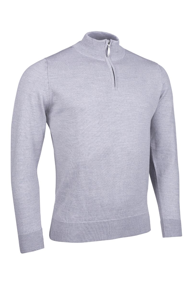 Mens Quarter Zip Merino Wool Golf Sweater Light Grey Marl S