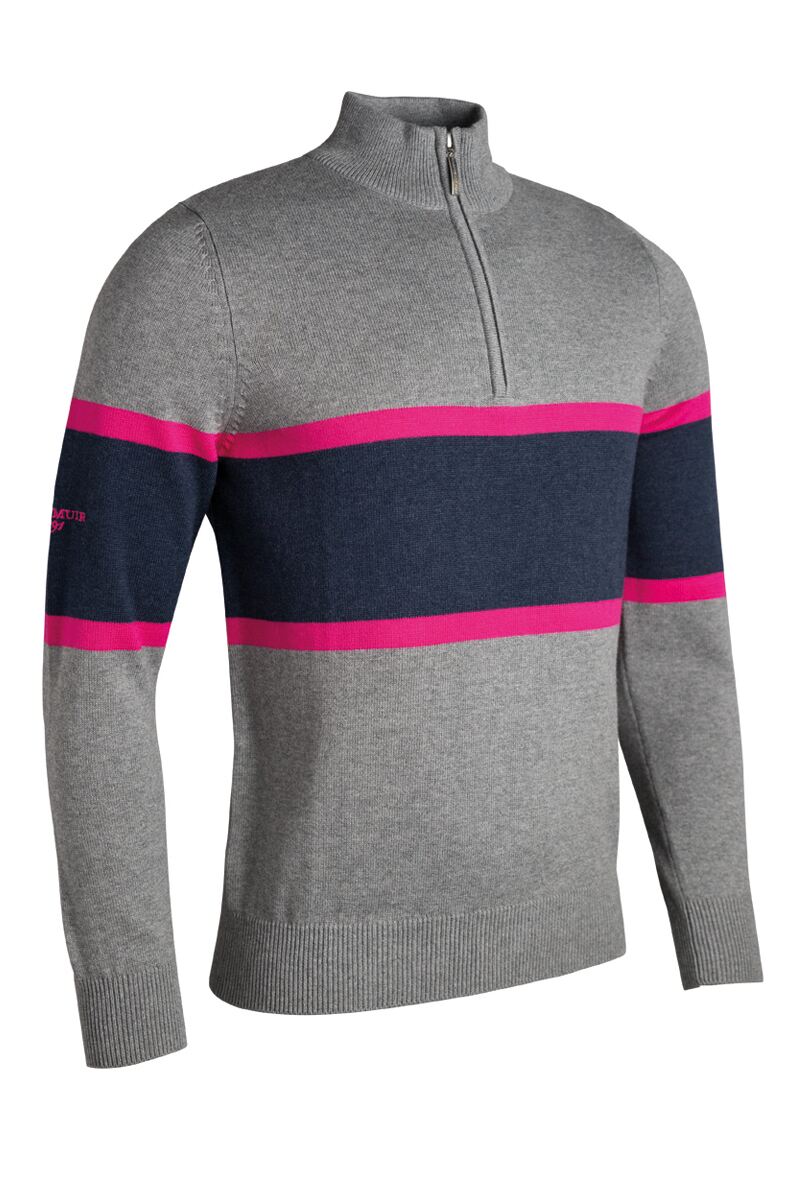 Glenmuir Mens Zip Neck Block Stripe Touch of Cashmere Golf Sweater Sale Mid Grey Marl XXL