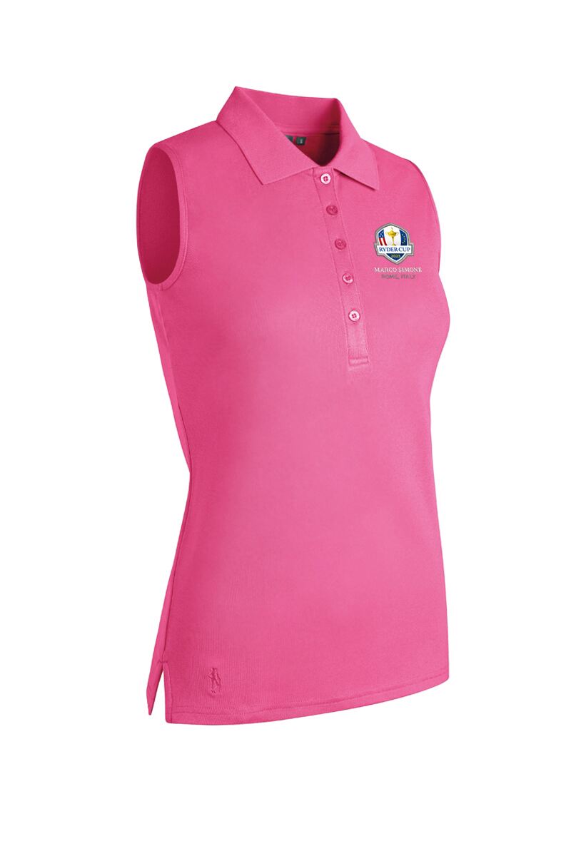 Official Ryder Cup 2025 Ladies Sleeveless Performance Pique Golf Polo Shirt Hot Pink XL