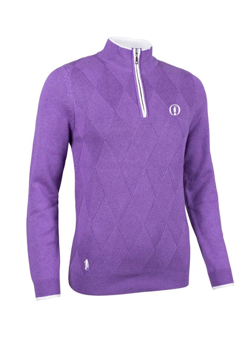 The Open Ladies Quarter Zip Rib Diamond Touch of Cashmere Golf Sweater Amethyst Marl/White S