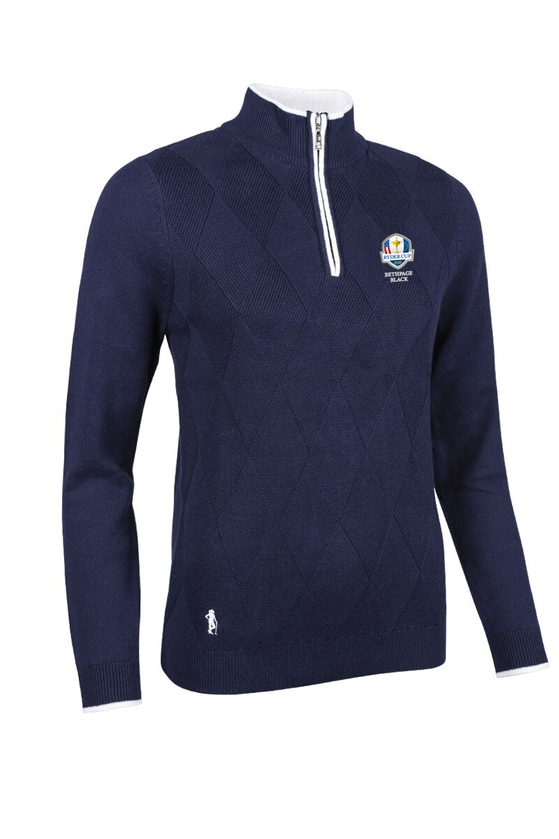 Official Ryder Cup 2025 Ladies Quarter Zip Rib Diamond Touch of Cashmere Golf Sweater Navy/White XXL