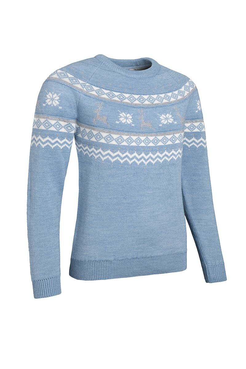 Ladies Round Neck Fairisle Hind Merino Blend Christmas Sweater Ice Blue/White/Silver Lurex XL