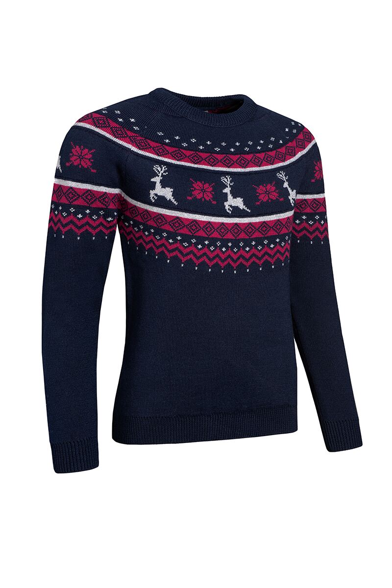 Ladies Round Neck Fairisle Hind Merino Blend Christmas Sweater Navy/Pink Berry/Silver Lurex XL