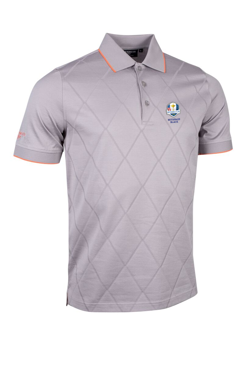 Official Ryder Cup 2025 Mens Diamond Knit Mercerised Cotton Golf Shirt Light Grey/Apricot S