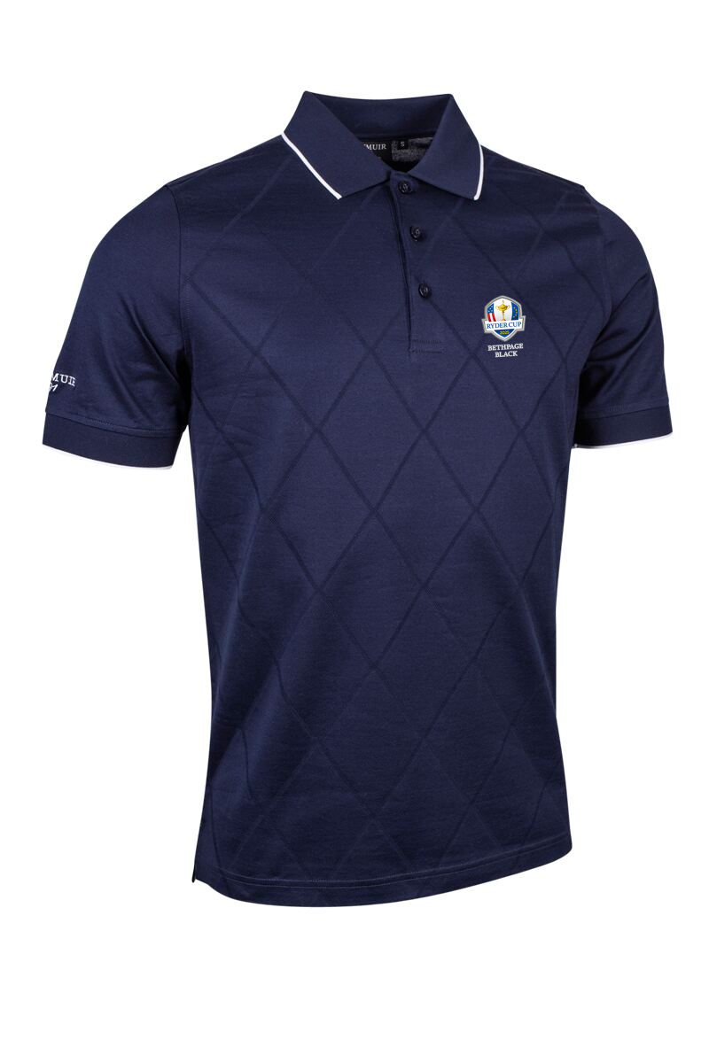 Official Ryder Cup 2025 Mens Diamond Knit Mercerised Cotton Golf Shirt Navy/White S