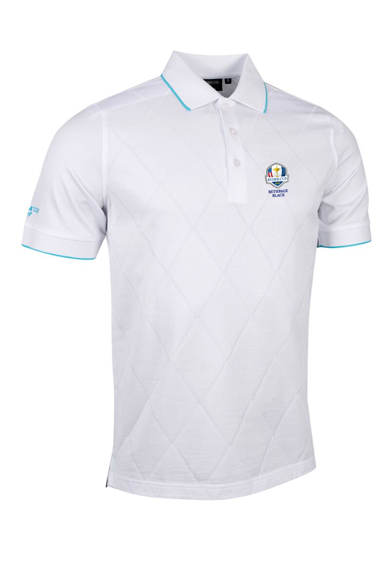 Official Ryder Cup 2025 Mens Diamond Knit Mercerised Cotton Golf Shirt White/Aqua M