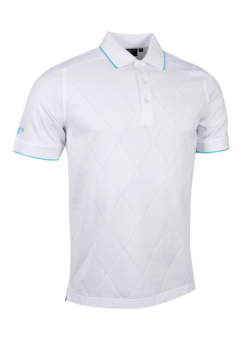 Mens Diamond Knit Mercerised Cotton Golf Shirt White/Aqua XXL