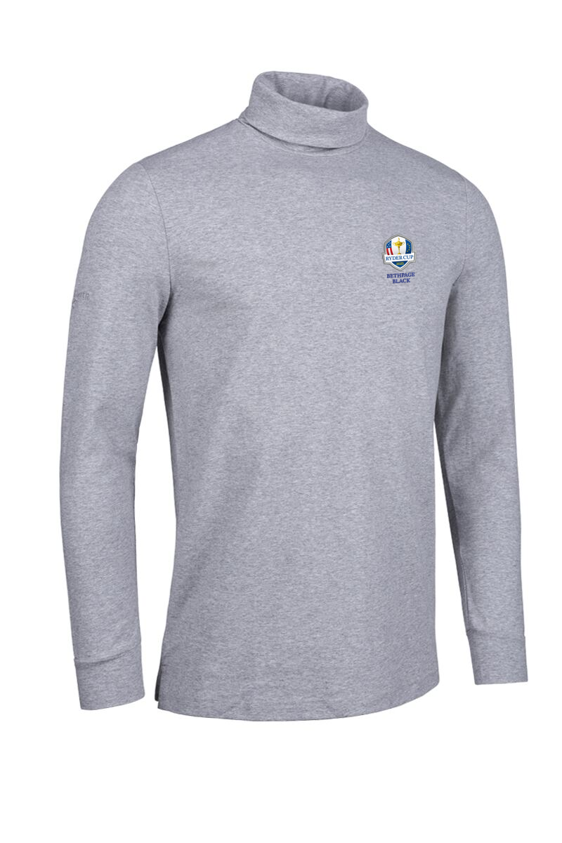 Official Ryder Cup 2025 Mens Long Sleeve Cotton Roll Neck Golf Shirt Light Grey Marl M