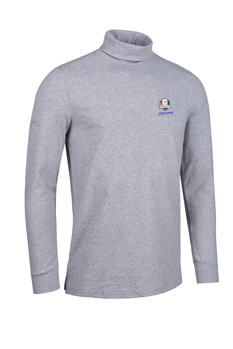 Official Ryder Cup 2027 Mens Long Sleeve Cotton Roll Neck Golf Shirt Light Grey Marl XXL