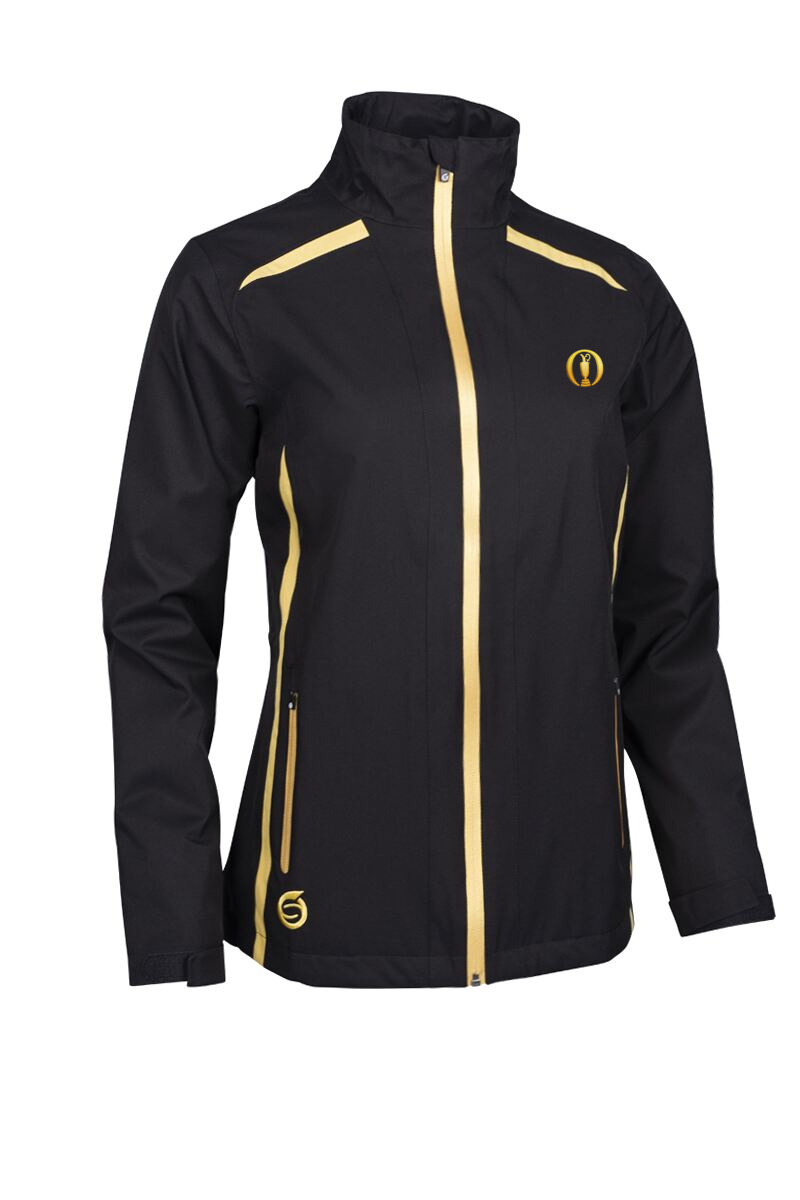 The Open Ladies Zip Front Lightweight Panelled Waterproof Golf Jacket Black/Gold M
