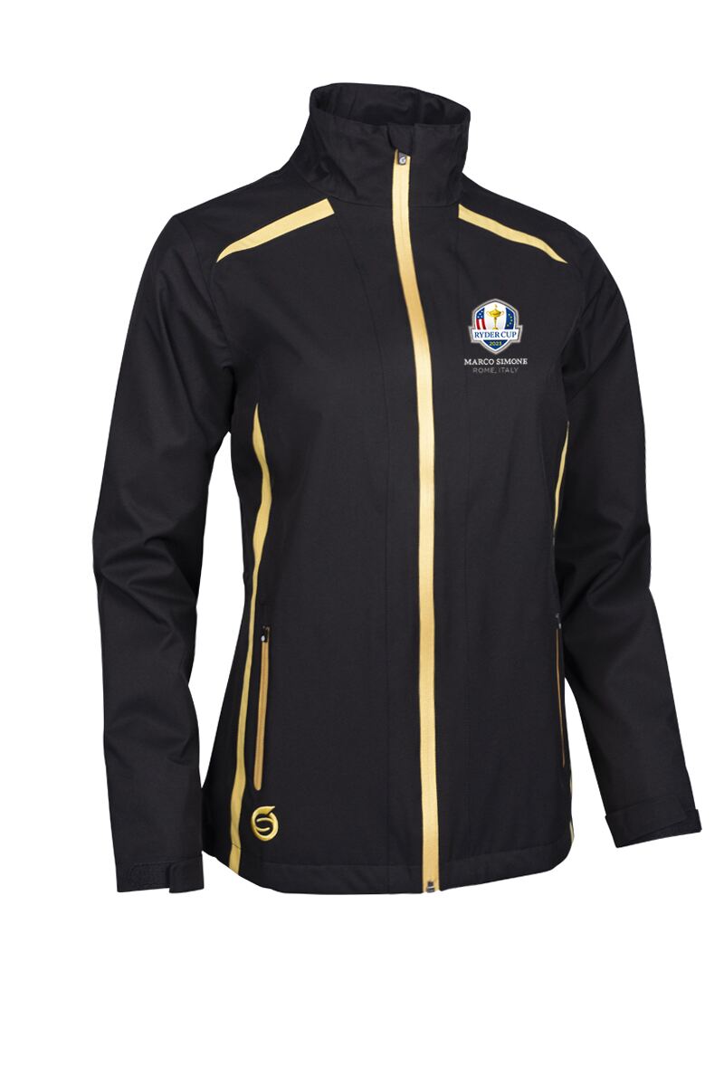 Official Ryder Cup 2025 Ladies Zip Front Lightweight Panelled Waterproof Golf Jacket Black/Gold S