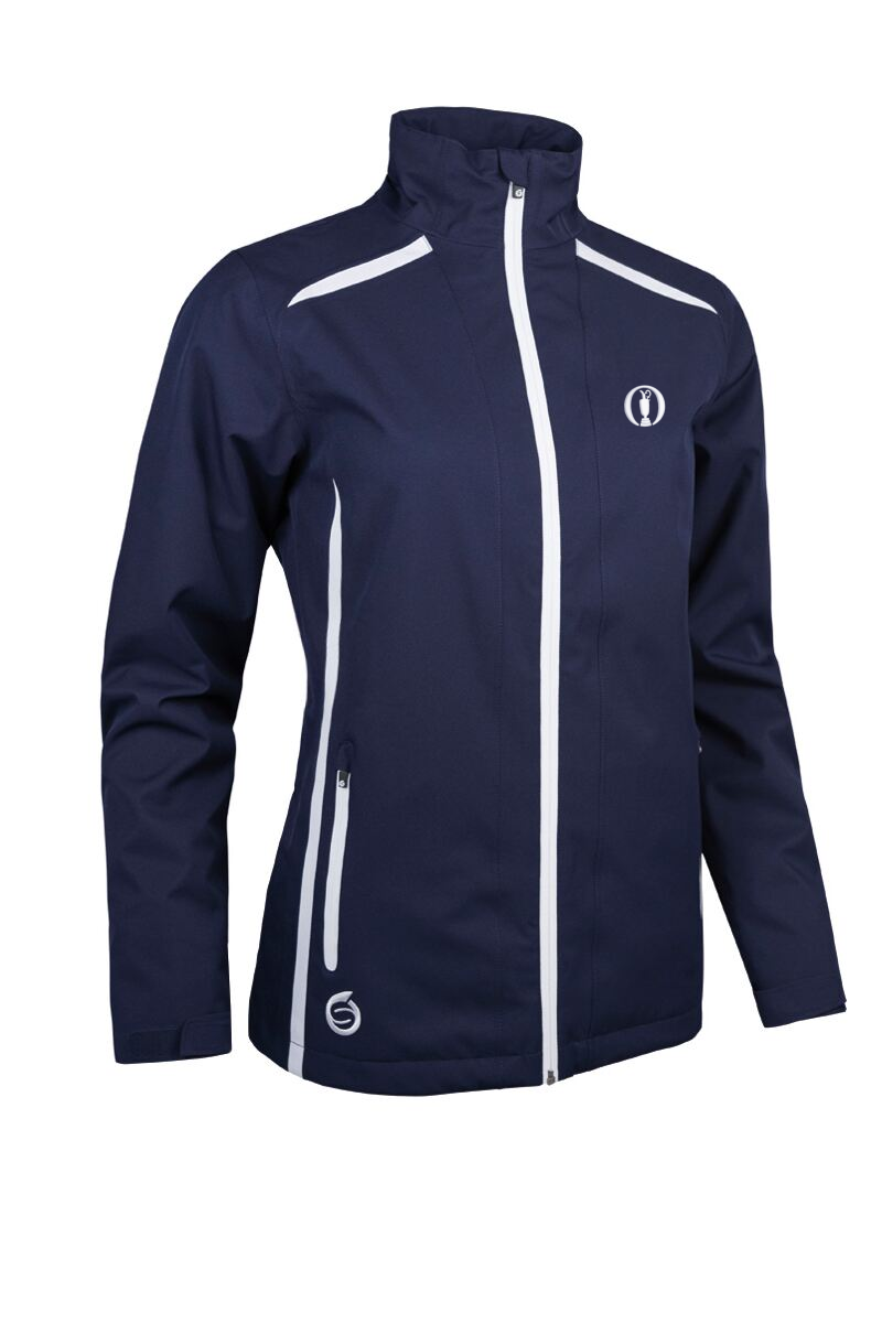 The Open Ladies Zip Front Lightweight Panelled Waterproof Golf Jacket Navy/White XL