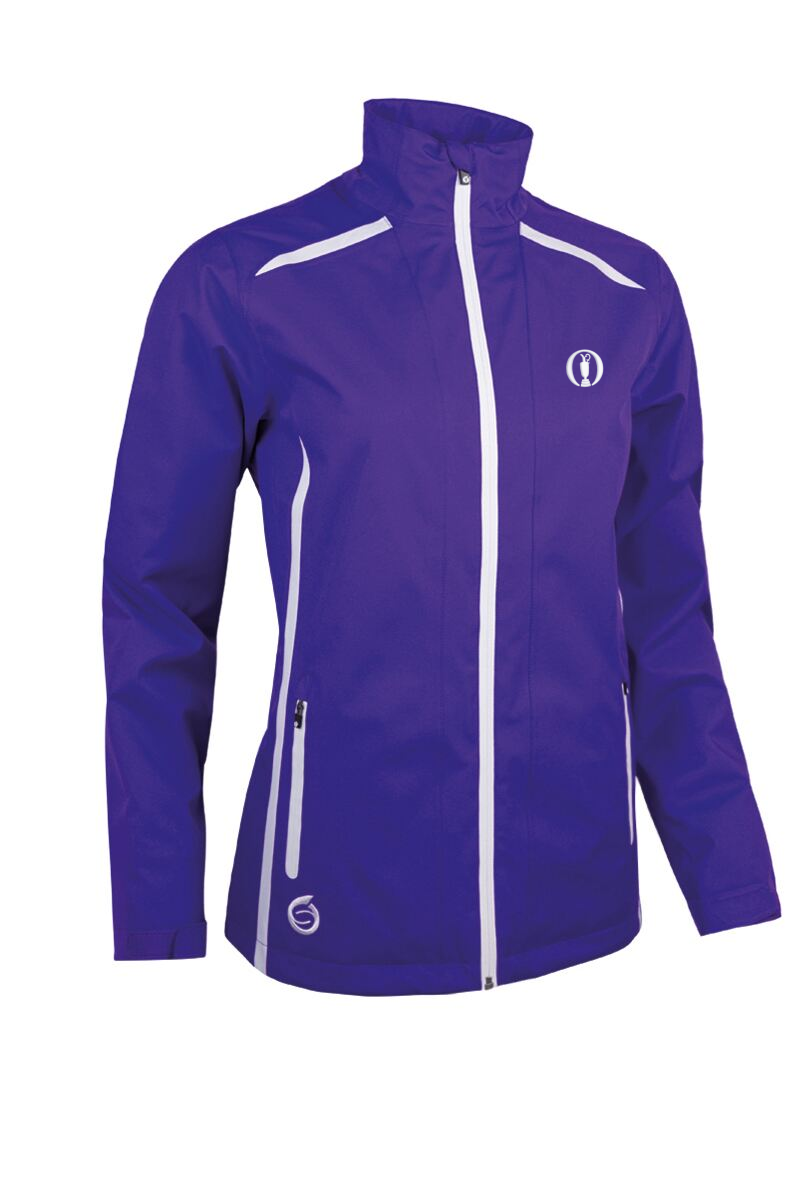 The Open Ladies Zip Front Lightweight Panelled Waterproof Golf Jacket Purple/White S