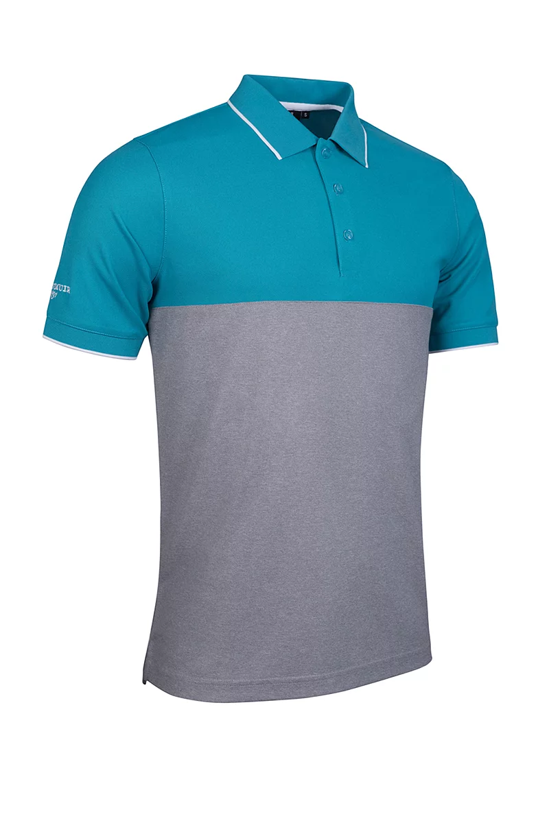 Mens Colour Block Performance Pique Golf Shirt Sale Light Grey Marl/Lagoon/White XXL