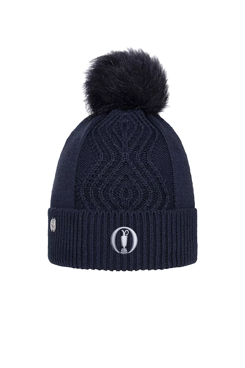 Open Faux Fur Cable Lurex Golf Bobble Hat