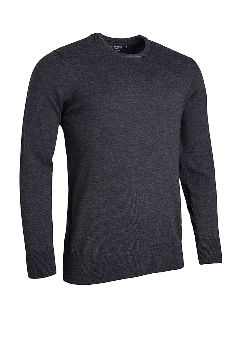 Mens Crew Neck Lightweight Merino Wool Golf Sweater Charcoal L