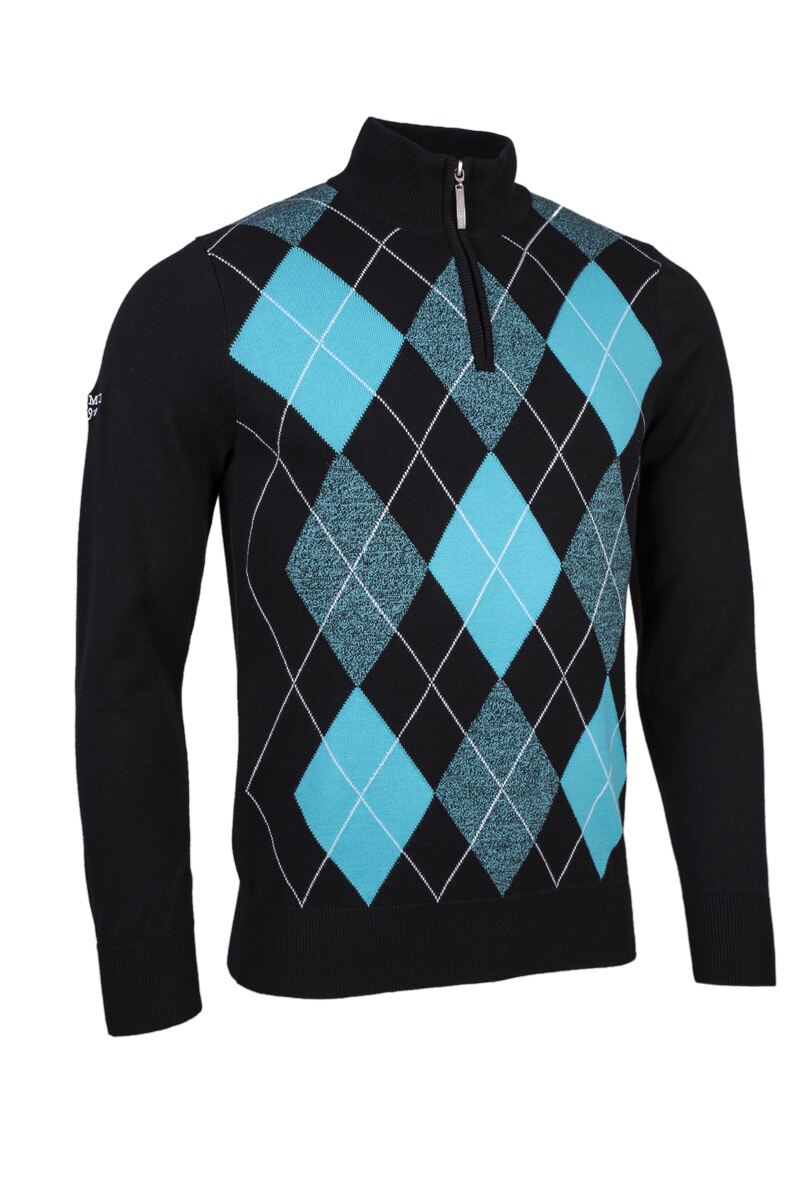 Mens Quarter Zip Diamond Argyle Cotton Golf Sweater Black/Aqua S