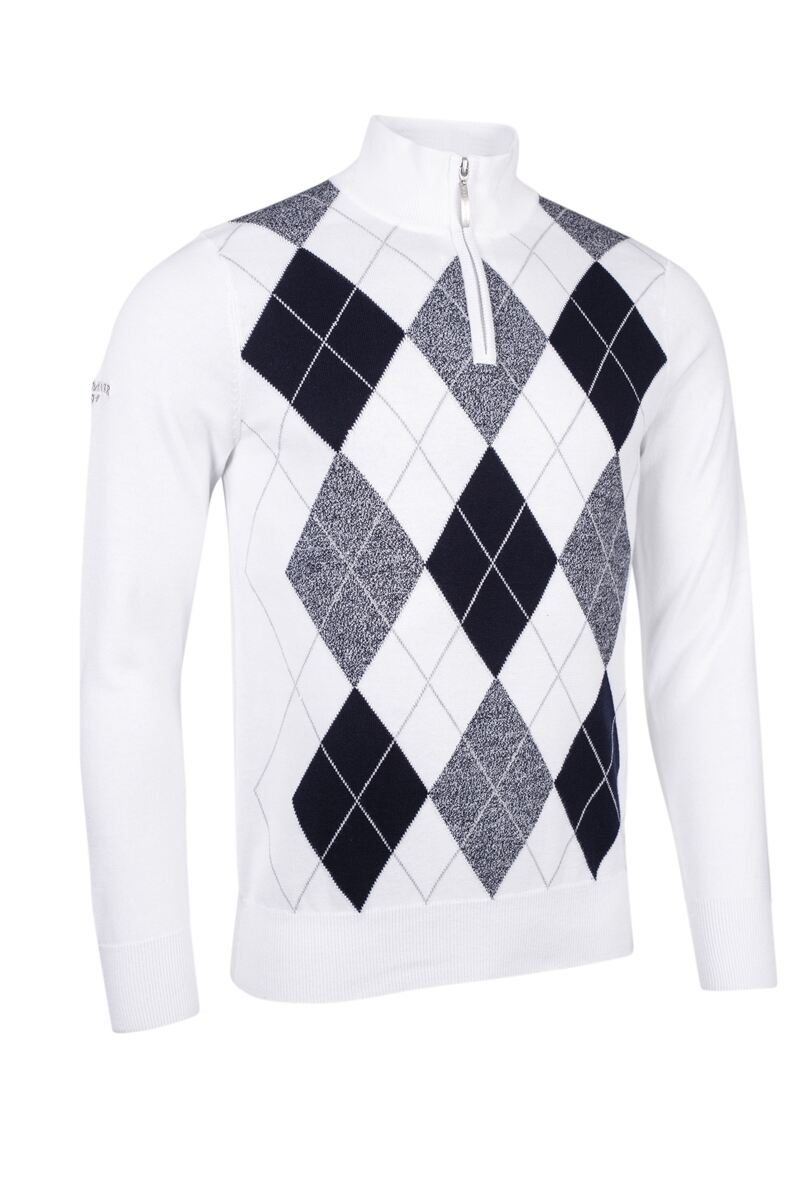 Mens Quarter Zip Diamond Argyle Cotton Golf Sweater White/Navy XXL