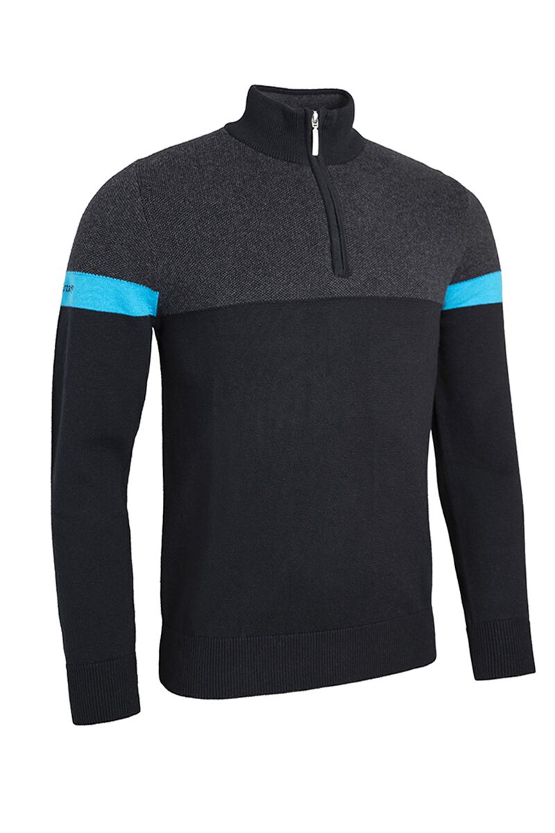 Mens Quarter Zip Birdseye Chest Sleeve Touch of Cashmere Golf Sweater Sale Black/Charcoal Marl/Cobalt L