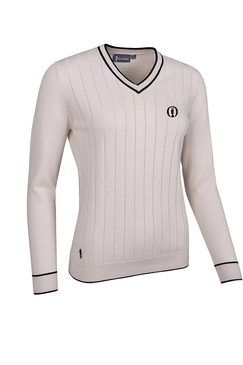 Official Ryder Cup 2027 Ladies V Neck Vertical Stitch Contrast Tipping Cotton Golf Sweater Linen/Black XXL