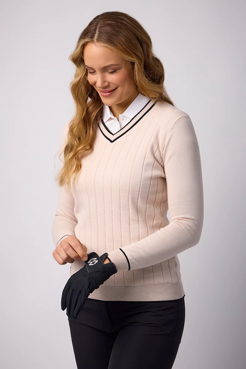 Ladies V Neck Vertical Stitch Contrast Tipping Cotton Lightweight Golf Sweater