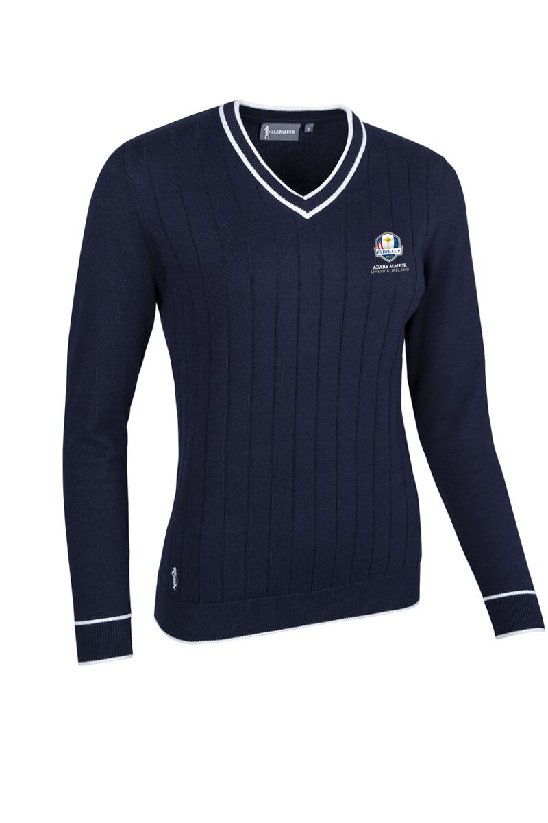 Official Ryder Cup 2027 Ladies V Neck Vertical Stitch Contrast Tipping Cotton Golf Sweater