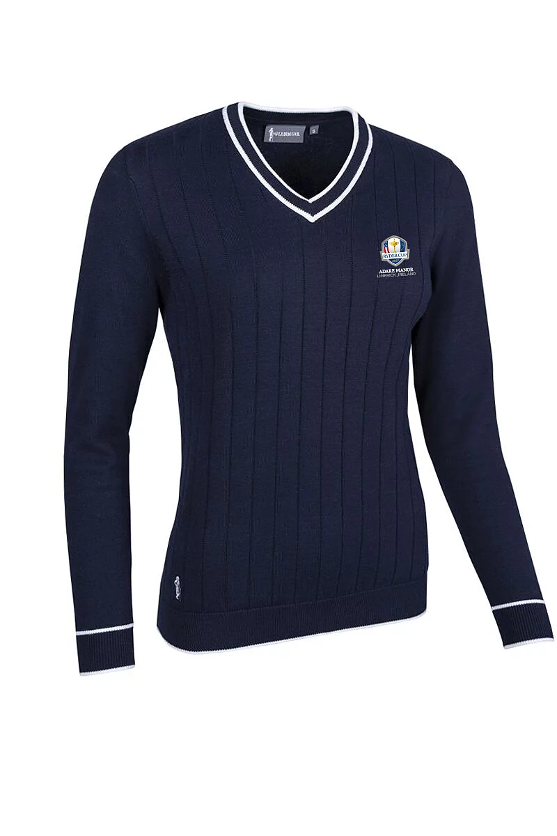 Official Ryder Cup 2027 Ladies V Neck Vertical Stitch Contrast Tipping Cotton Golf Sweater Navy/White L