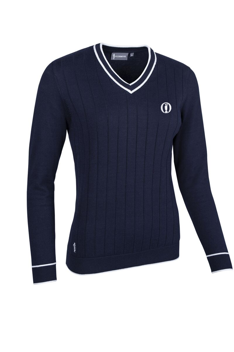 The Open Ladies V Neck Vertical Stitch Contrast Tipping Cotton Lightweight Golf Sweater