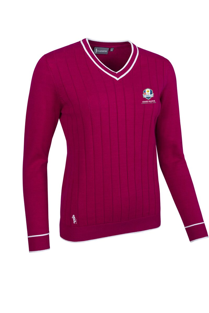 Official Ryder Cup 2027 Ladies V Neck Vertical Stitch Contrast Tipping Cotton Golf Sweater