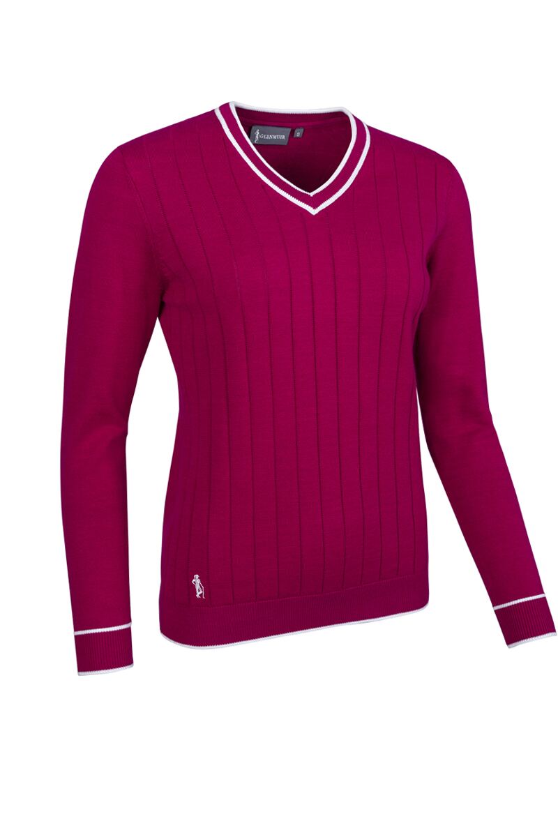 Ladies V Neck Vertical Stitch Contrast Tipping Cotton Lightweight Golf Sweater