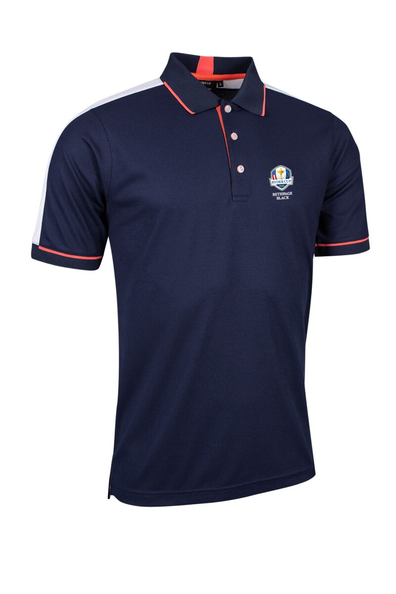 Official Ryder Cup 2025 Mens Contrast Panel Tipped Performance Pique Golf Shirt Navy/White S