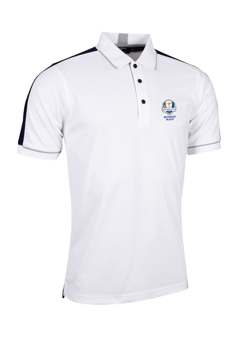 Official Ryder Cup 2025 Mens Contrast Panel Tipped Performance Pique Golf Shirt White/Navy S