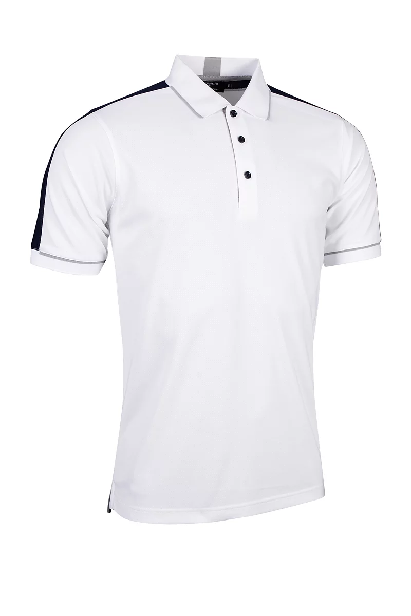 Mens Contrast Panel Tipped Performance Pique Golf Shirt Sale White/Navy XL