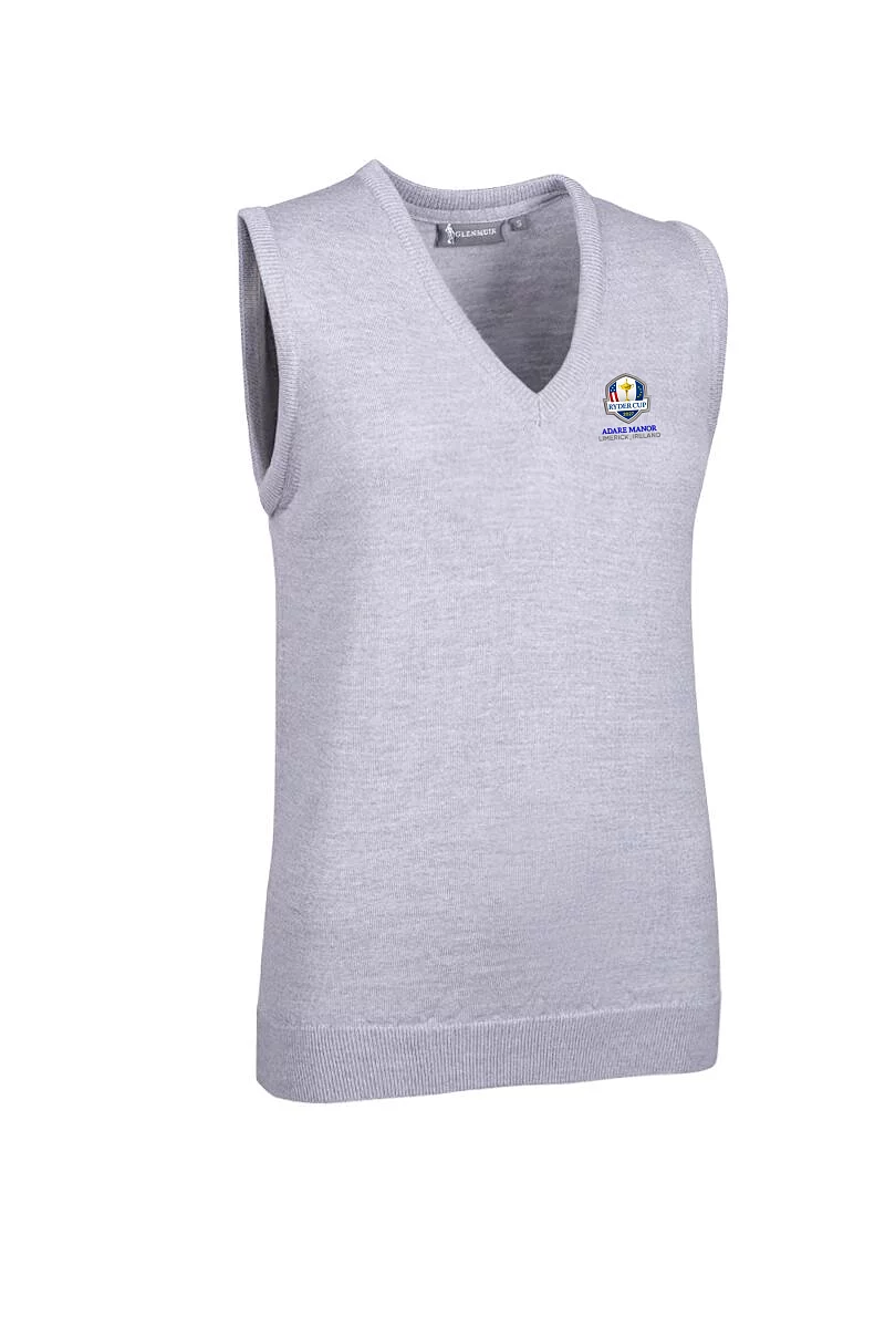 Official Ryder Cup 2027 Ladies V Neck Merino Wool Lightweight Golf Slipover Light Grey Marl L