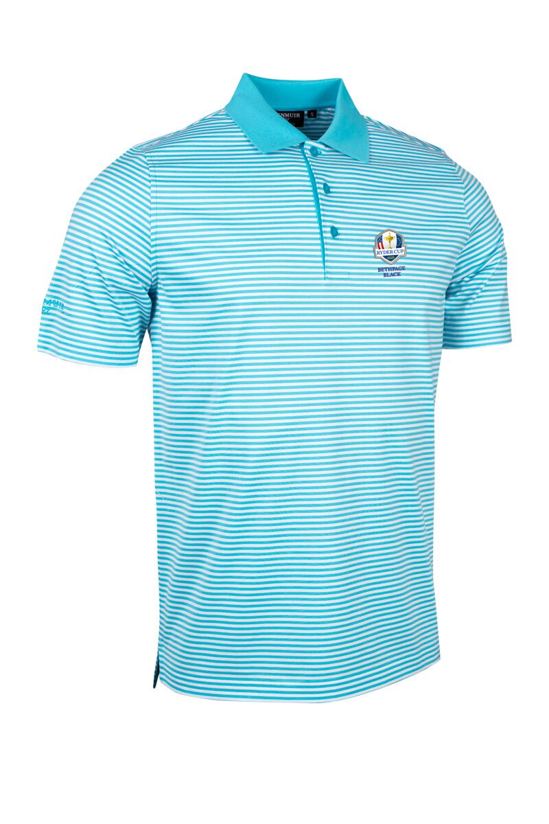 Official Ryder Cup 2025 Mens Striped Mercerised Luxury Golf Shirt Aqua/White M