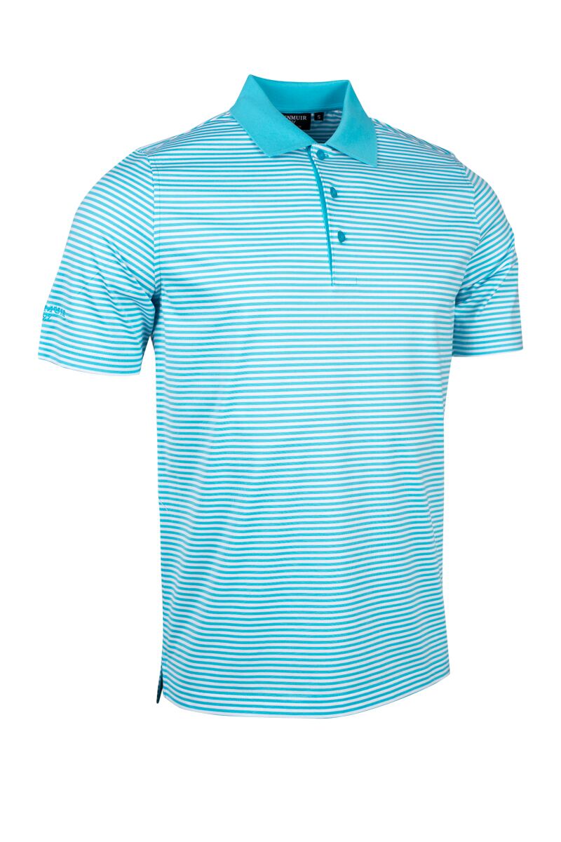 Mens Striped Mercerised Luxury Golf Shirt Aqua/White S