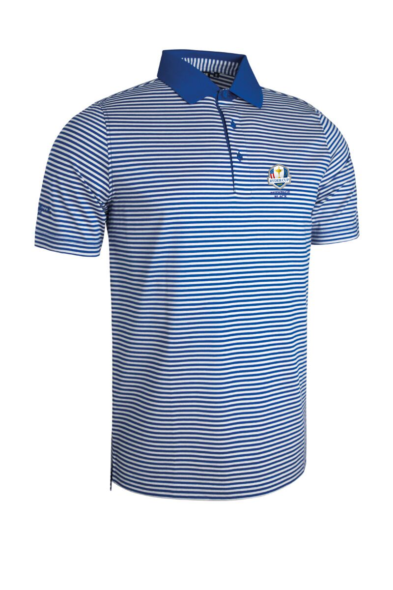 Official Ryder Cup 2025 Mens Striped Mercerised Luxury Golf Shirt Ascot Blue/White S