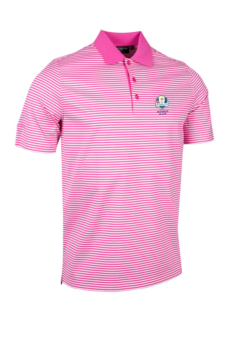 Official Ryder Cup 2025 Mens Striped Mercerised Luxury Golf Shirt Hot Pink/White S