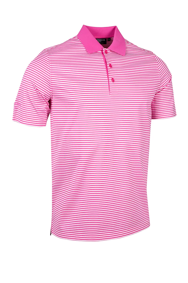 Mens Striped Mercerised Luxury Golf Shirt Sale Hot Pink/White S